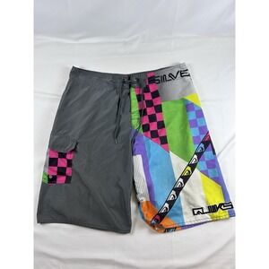 Quiksilver Y2K Colorblock Boardshorts Men 36 Surf Swim Trunks Neon Surf Wax Comb